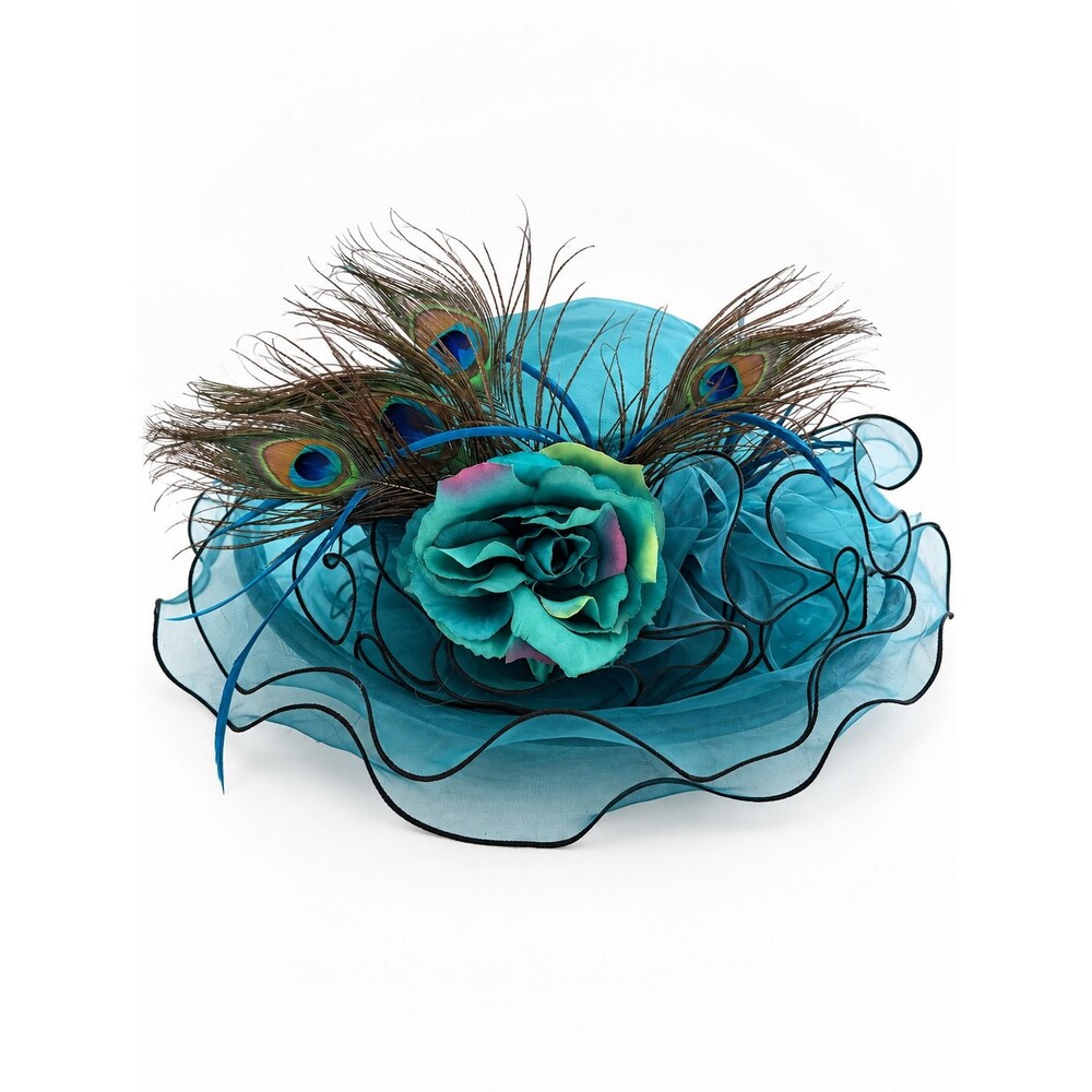 Forbusite Teal Peacock Feather Organza Wide Brim Derby Hat Tea Party Coquette